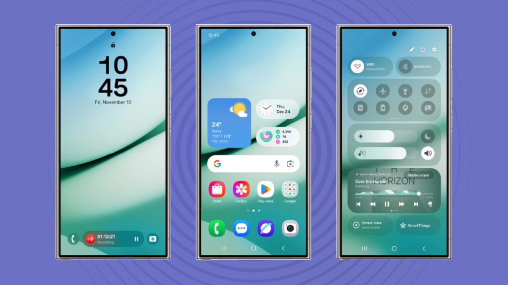 Interface mockup showing refreshed One UI notification panel”